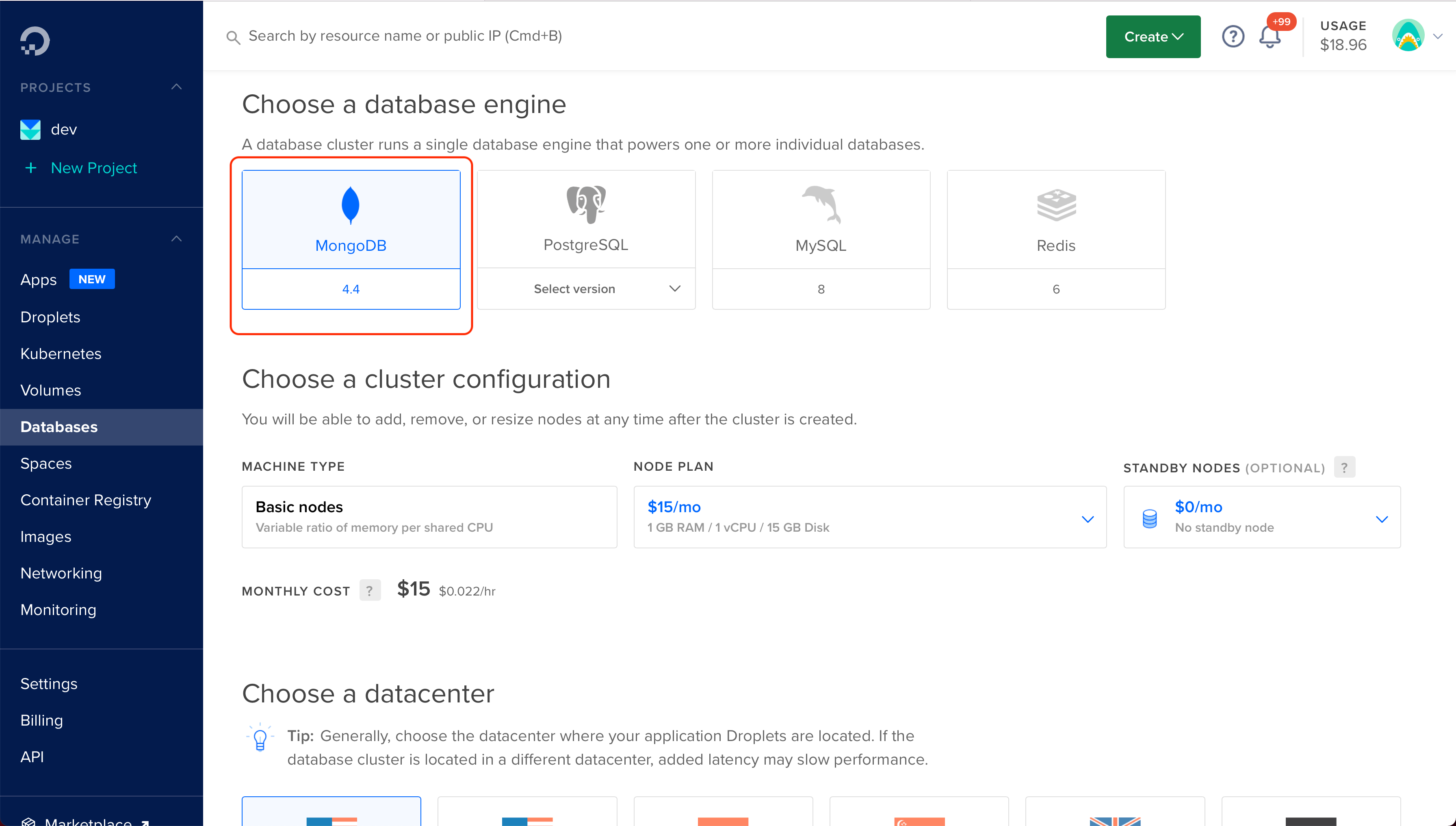 App Platform - Create database cluster