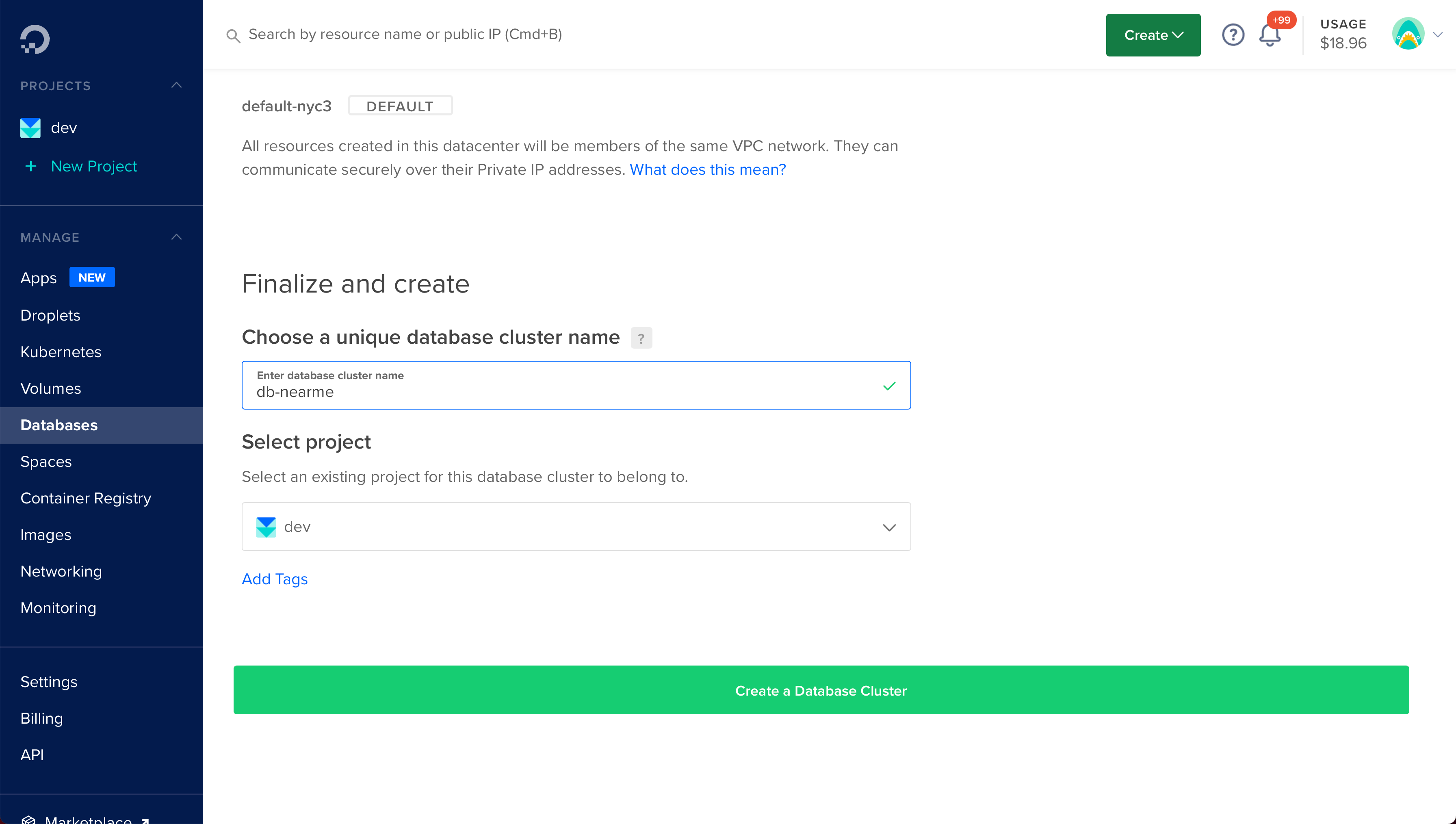 App Platform - Create database cluster